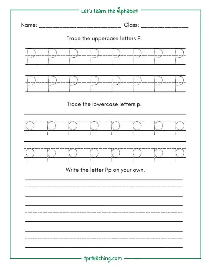Trace the letter P writing exercise
