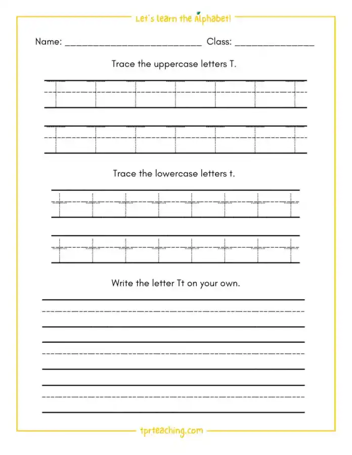 Trace the letter T writing exercise